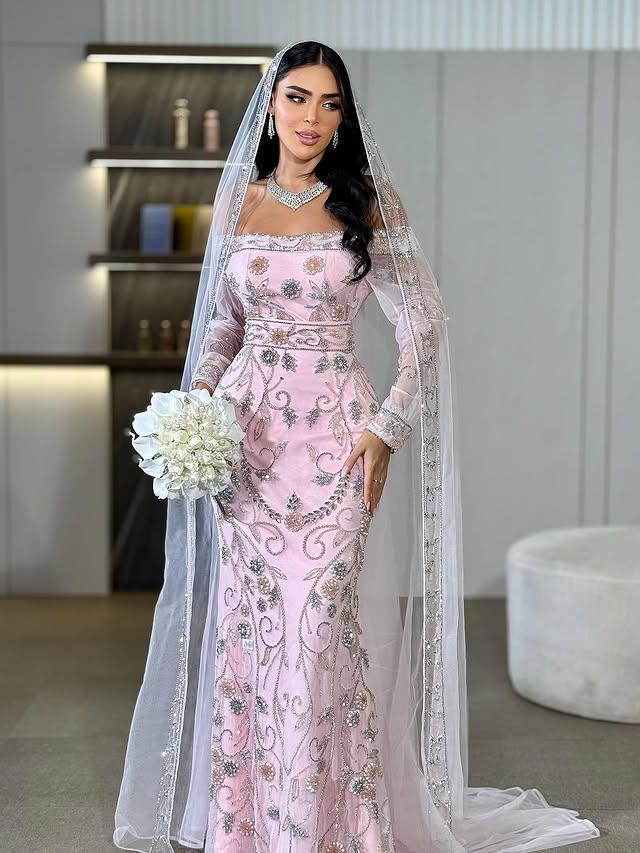 Blush Pink Embroidered Moroccan Bridal Kaftan, Luxury Wedding Dress with Veil