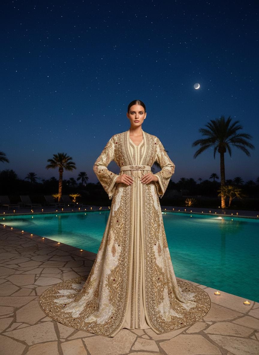 Luxury Moroccan Bridal Kaftan, Champagne Gold Silk Jacquard Wedding Dress, Hand Embroidered Royal Takchita