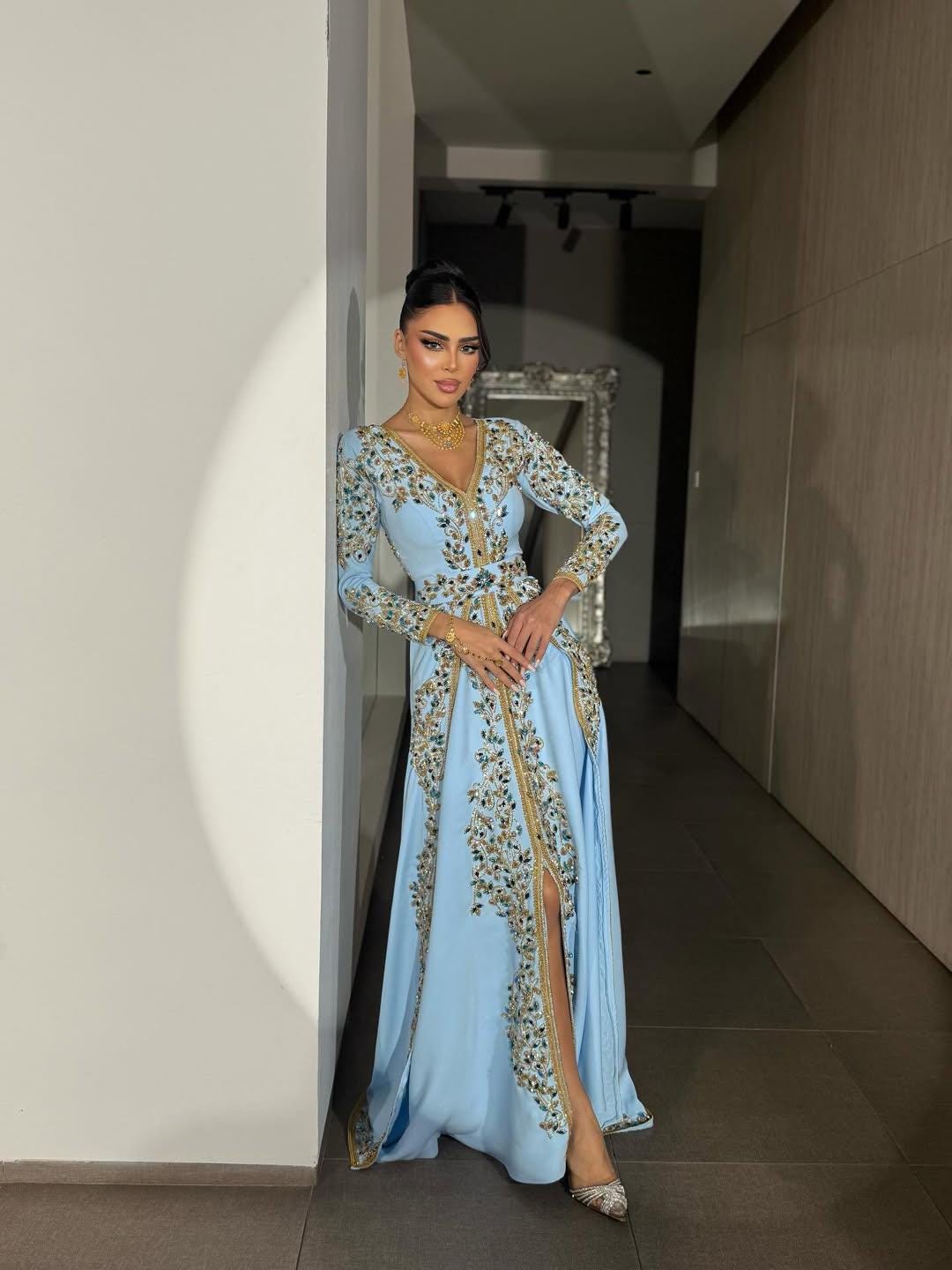 Sky Blue Embroidered Kaftan Dress, Luxury Beaded Evening Gown, Handmade Moroccan Caftan