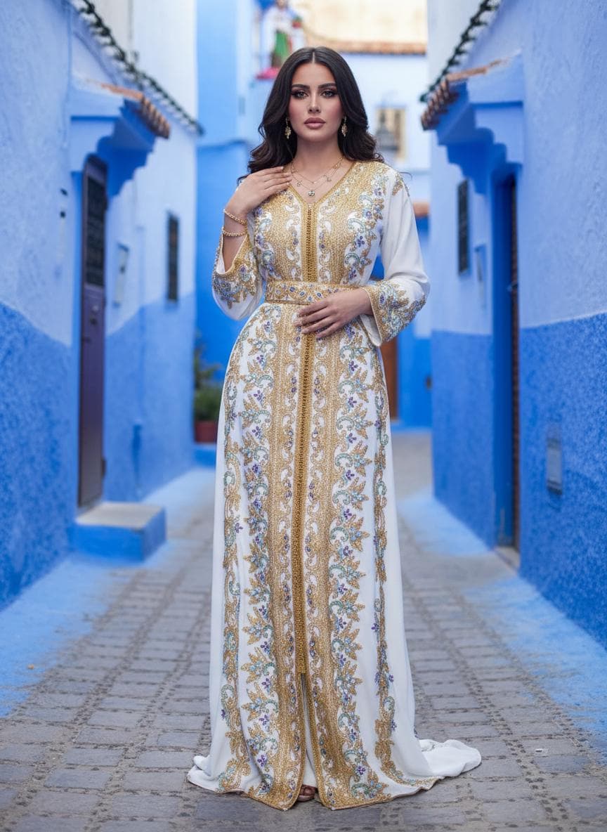 Luxury White Moroccan Kaftan – Gold Hand Embroidered Bridal Caftan – Custom Wedding & Henna Dress