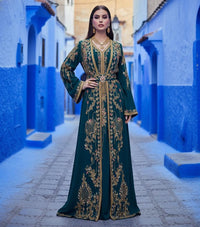 Emerald Green Moroccan Kaftan – Luxury Gold Embroidered Crepe Caftan – Bridal, Henna & Formal Evening Dress