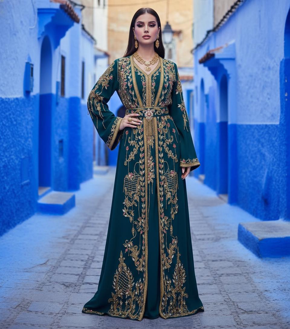 Emerald Green Moroccan Kaftan – Luxury Gold Embroidered Crepe Caftan – Bridal, Henna & Formal Evening Dress