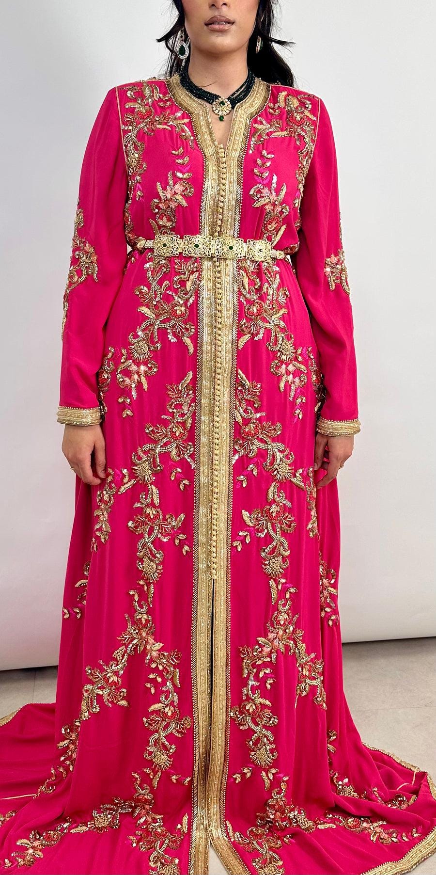 Red Moroccan Kaftan Dress | Gold Embroidered Crepe Caftan | Eid Wedding Guest Outfit