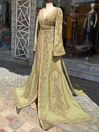 Linden Green Moroccan Bridal Kaftan, Hand-Embroidered Crepe Takchita Wedding Dress