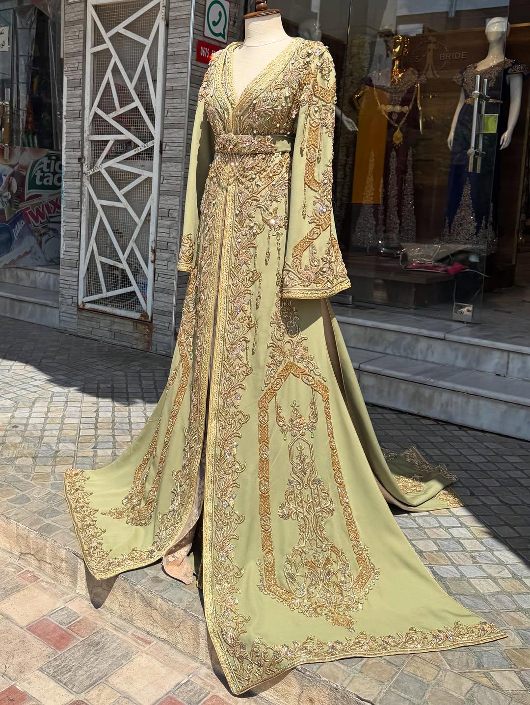 Linden Green Moroccan Bridal Kaftan, Hand-Embroidered Crepe Takchita Wedding Dress