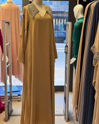 Mustard Crepe Maxi Dress | Abaya Style, Embroidered Collar & Cuffs