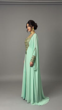 Mint Green Moroccan Kaftan Dress | Luxury Hand Embellished Georgette Evening Gown