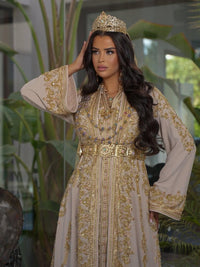 Handcrafted Moroccan Bridal Kaftan, Champagne Gold Embroidery, Royal Wedding Dress