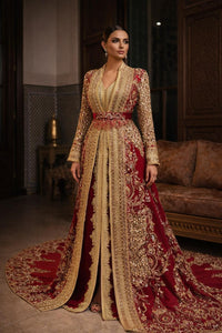 Luxury Moroccan Bridal Kaftan Red Velvet | Hand Embroidered Wedding Takchita | Custom Bride Dress