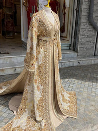 Luxury Moroccan Bridal Kaftan, Champagne Gold Silk Jacquard Wedding Dress, Hand Embroidered Royal Takchita