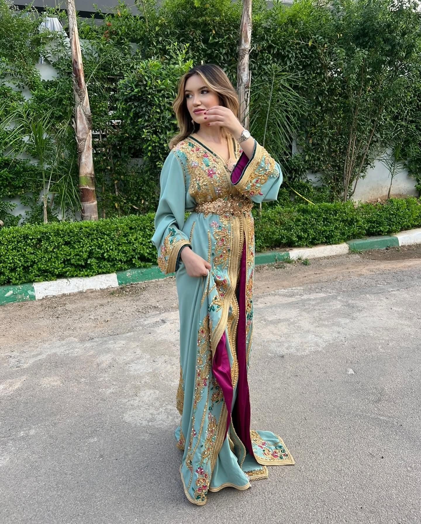 Handmade Mint Green Moroccan Bridal Kaftan, Gold Embroidered Crepe Takchita Dress