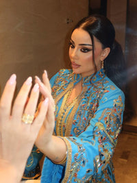 Turquoise Crepe Moroccan Kaftan Gold Embroidery | Luxury Wedding Guest Dress | Custom Arabic Caftan