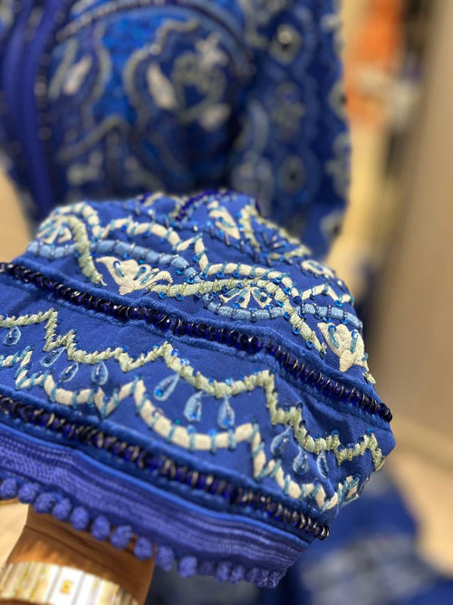 Blue Moroccan Bridal Kaftan Takchita, Hand Embroidered Crepe Wedding Dress