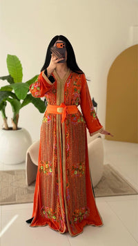 Orange Moroccan Kaftan Dress | Hand Embroidered Crepe Gown, Custom Made Bridal Wear