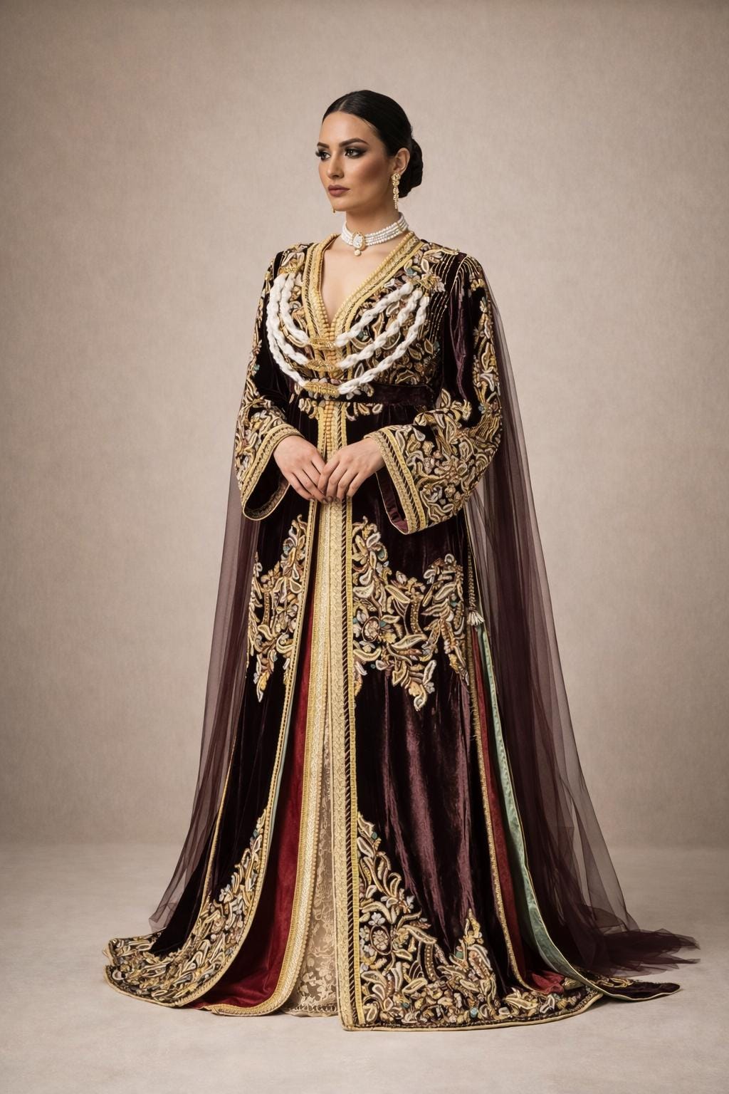 Luxury Burgundy Velvet Kaftan | Gold Embroidered Arabic Takchita Dress, Bridal Gown