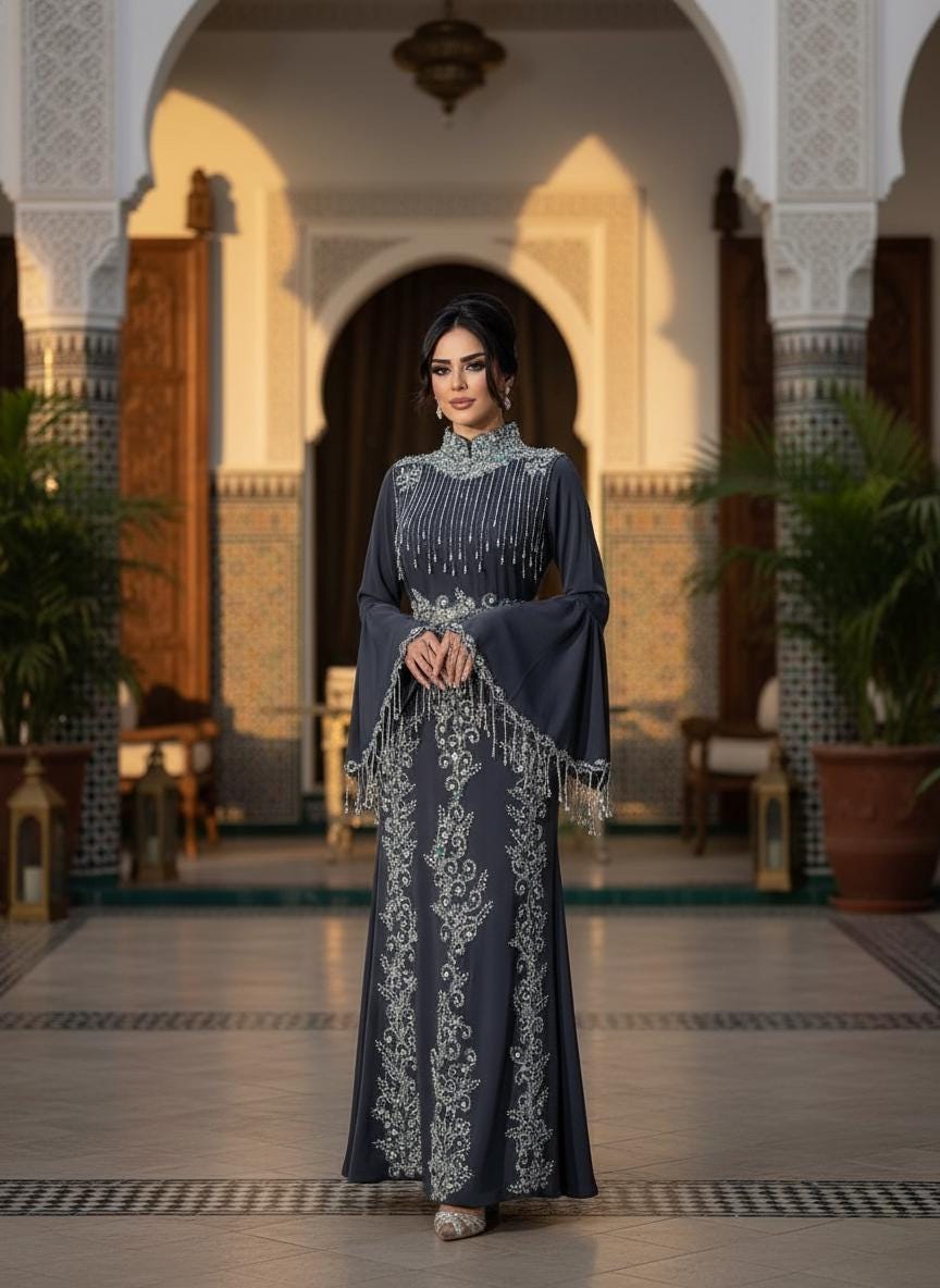 Charcoal Grey Embroidered Kaftan Dress, Crystal Beaded Bell Sleeve Formal Gown