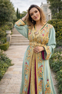 Handmade Mint Green Moroccan Bridal Kaftan, Gold Embroidered Crepe Takchita Dress