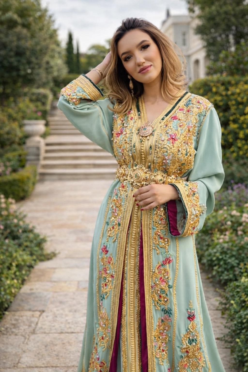 Handmade Mint Green Moroccan Bridal Kaftan, Gold Embroidered Crepe Takchita Dress