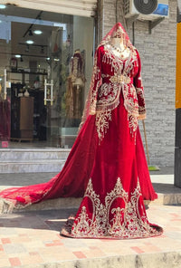 Red Velvet Moroccan Bridal Kaftan, Luxury Gold Embroidery, Royal Dubai Style Wedding Dress