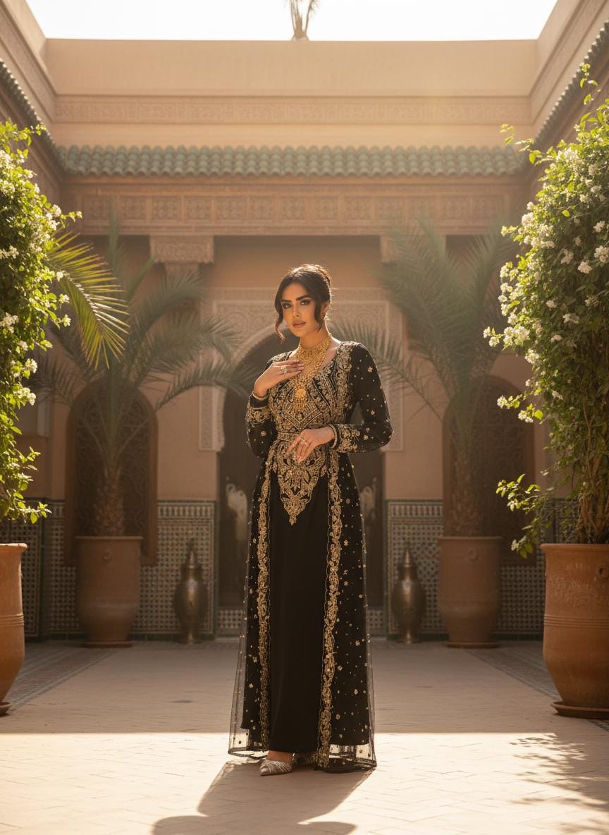 Black Moroccan Kaftan Dress with Gold Embroidery – Handmade Bridal Takchita