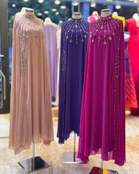 Zahyra Nude Pink Modest Maxi Dress, High Neck Cape Dress, Elegant Evening Gown, Luxury Crepe Dress, Formal Modest Wear