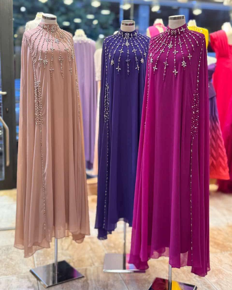 Zahyra Nude Pink Modest Maxi Dress, High Neck Cape Dress, Elegant Evening Gown, Luxury Crepe Dress, Formal Modest Wear