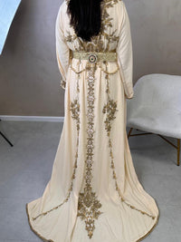 Champagne Crepe Kaftan Dress | Gold Embroidered Dubai Style Caftan McBride