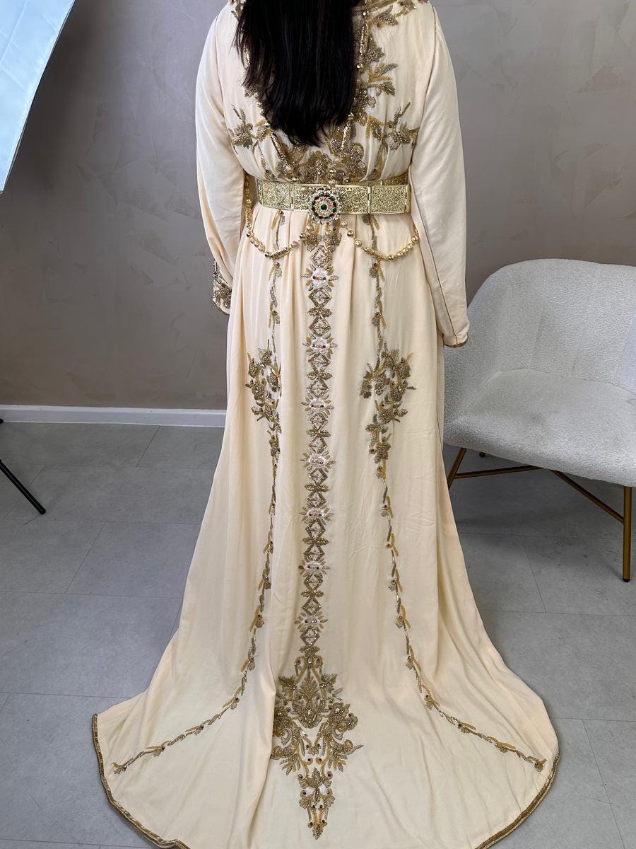 Champagne Crepe Kaftan Dress | Gold Embroidered Dubai Style Caftan McBride