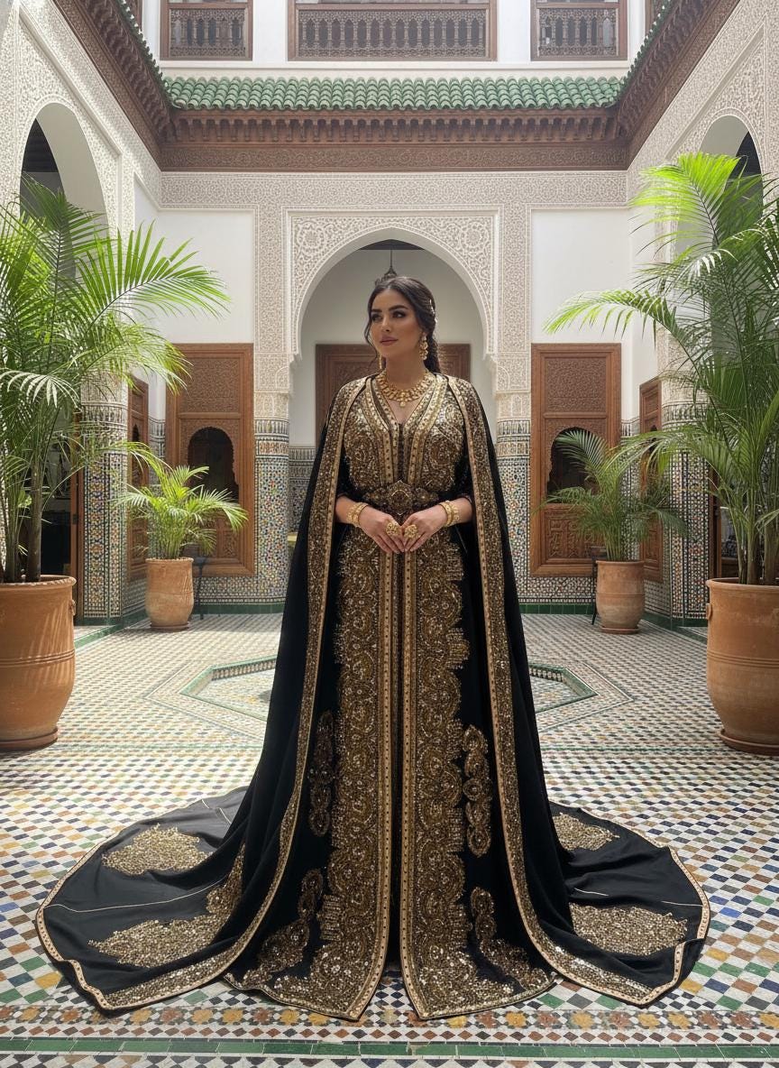 Black Luxury Crepe Kaftan Takchita, Hand Embroidered Bridal Wedding Outfit