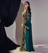 Emerald Green Moroccan Kaftan – Luxury Gold Embroidered Crepe Caftan – Bridal, Henna & Formal Evening Dress