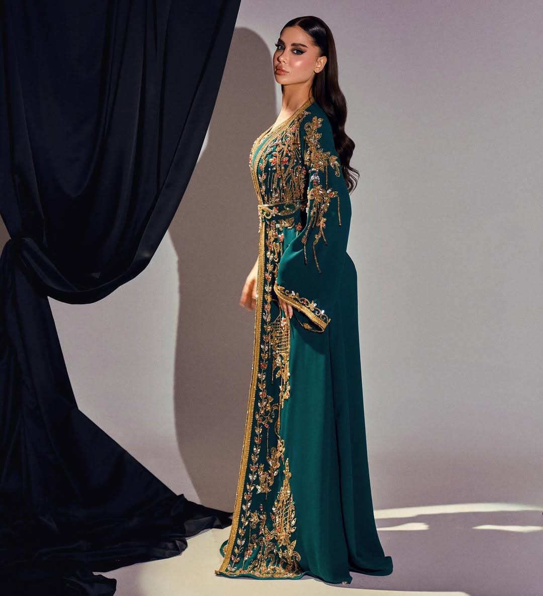 Emerald Green Moroccan Kaftan – Luxury Gold Embroidered Crepe Caftan – Bridal, Henna & Formal Evening Dress