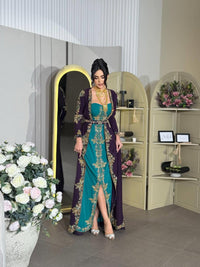 Luxury Moroccan Kaftan Dress | Green Purple Embroidered Arabic Gown (Custom Made)