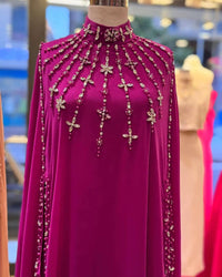 Zahyra Nude Pink Modest Maxi Dress, High Neck Cape Dress, Elegant Evening Gown, Luxury Crepe Dress, Formal Modest Wear