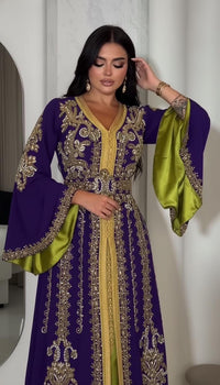 Purple Moroccan Kaftan Crepe Dress | Luxury Gold Embroidery, Dubai Style Wedding Guest Gown
