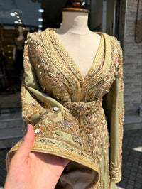 Linden Green Moroccan Bridal Kaftan, Hand-Embroidered Crepe Takchita Wedding Dress
