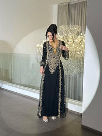 Black Moroccan Kaftan Dress with Gold Embroidery – Handmade Bridal Takchita
