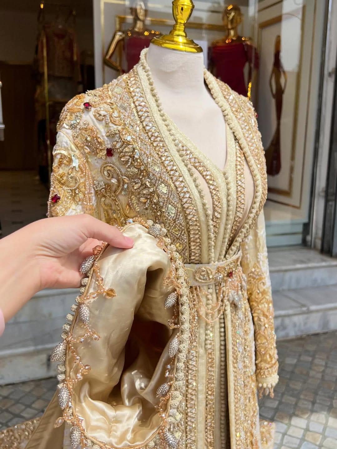 Luxury Moroccan Bridal Kaftan, Champagne Gold Silk Jacquard Wedding Dress, Hand Embroidered Royal Takchita