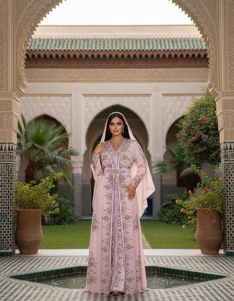 Blush Pink Moroccan Kaftan – Hand Embroidered Georgette Bridal Dress