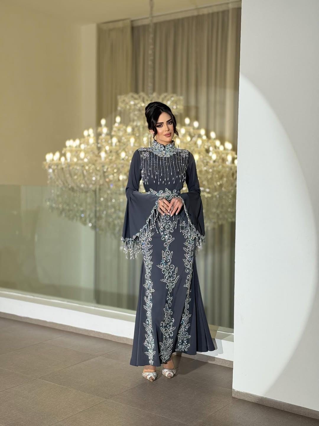 Charcoal Grey Embroidered Kaftan Dress, Crystal Beaded Bell Sleeve Formal Gown