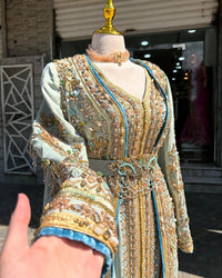 Pastel Blue Moroccan Bridal Kaftan Takchita, Luxury Crepe Hand-Embroidered Wedding Dress