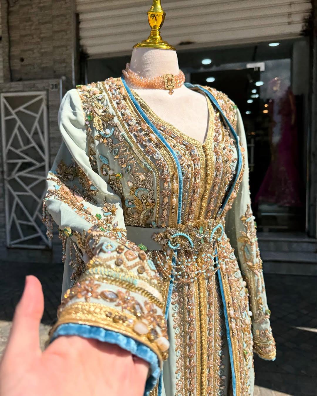 Pastel Blue Moroccan Bridal Kaftan Takchita, Luxury Crepe Hand-Embroidered Wedding Dress