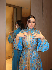 Turquoise Crepe Moroccan Kaftan Gold Embroidery | Luxury Wedding Guest Dress | Custom Arabic Caftan