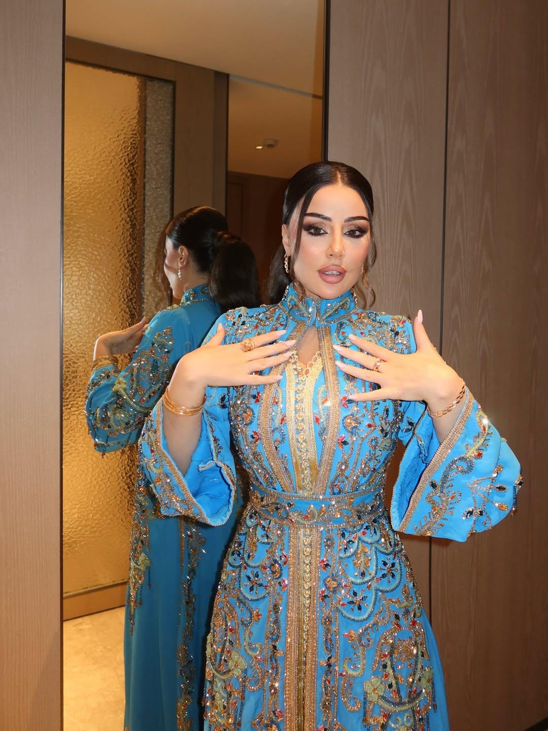 Turquoise Crepe Moroccan Kaftan Gold Embroidery | Luxury Wedding Guest Dress | Custom Arabic Caftan