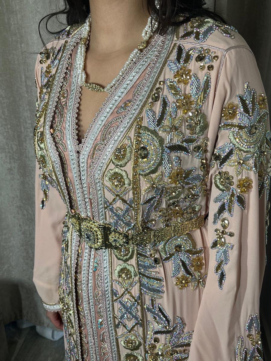 Blush Pink Moroccan Kaftan Dress | Luxury Gold Embroidery, Custom Made Bridal Wear