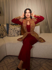 Red Crepe Embroidered Jacket Co Ord Set | Moroccan Bridal Takchita Kaftan