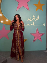 Burgundy Moroccan Kaftan – Luxury Gold Embroidered Bridal Caftan – Handmade Wedding & Henna Dress