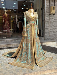Pastel Blue Moroccan Bridal Kaftan Takchita, Luxury Crepe Hand-Embroidered Wedding Dress