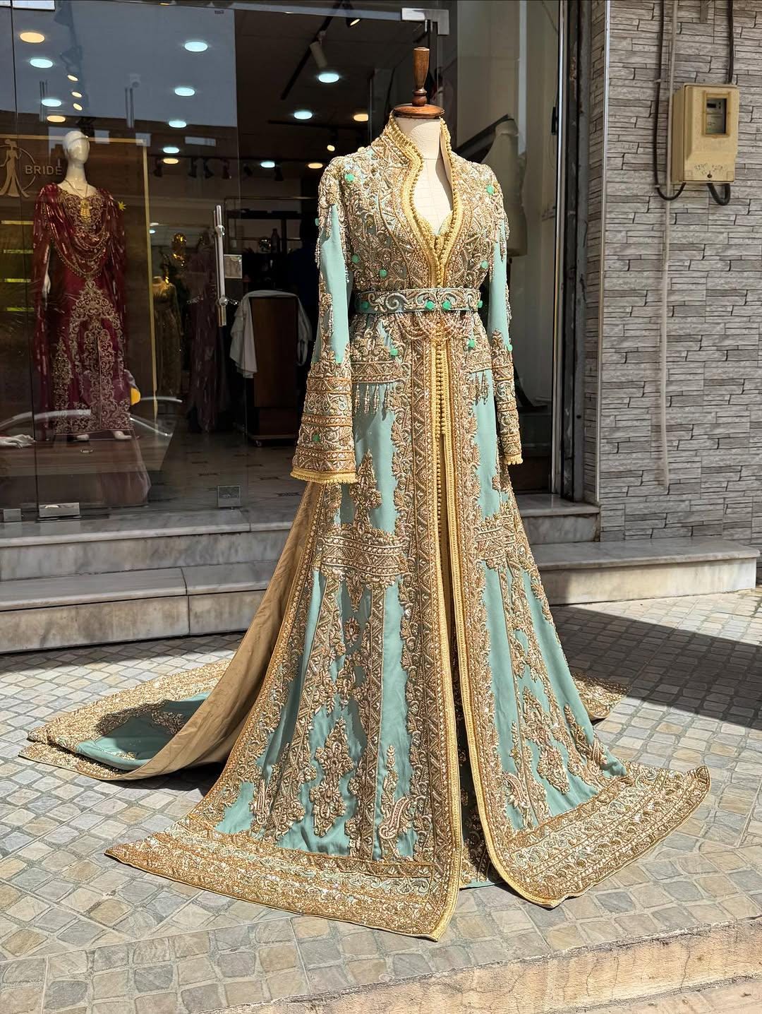 Pastel Blue Moroccan Bridal Kaftan Takchita, Luxury Crepe Hand-Embroidered Wedding Dress
