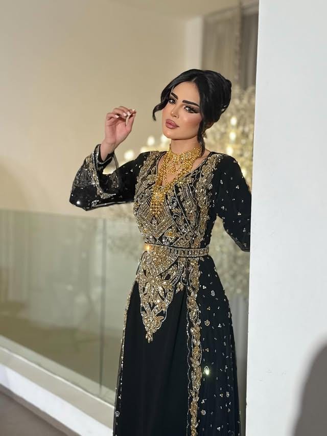 Black Moroccan Kaftan Dress with Gold Embroidery – Handmade Bridal Takchita