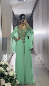 Mint Green Moroccan Kaftan Dress | Luxury Hand Embellished Georgette Evening Gown